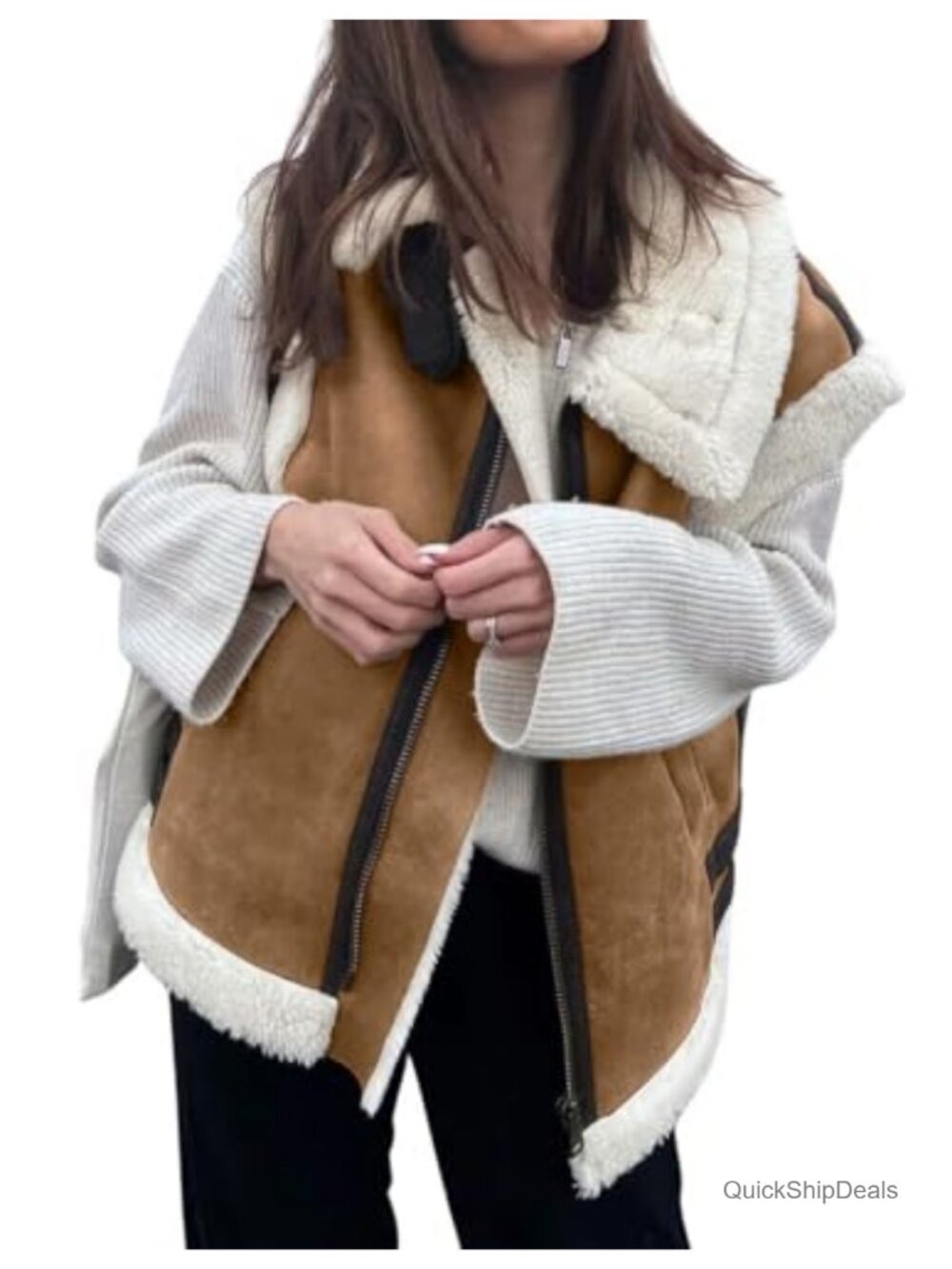 Women's Suede Faux Fur Lined Sherpa Leather Vest Jacket Zip Up Sleeveless Winter